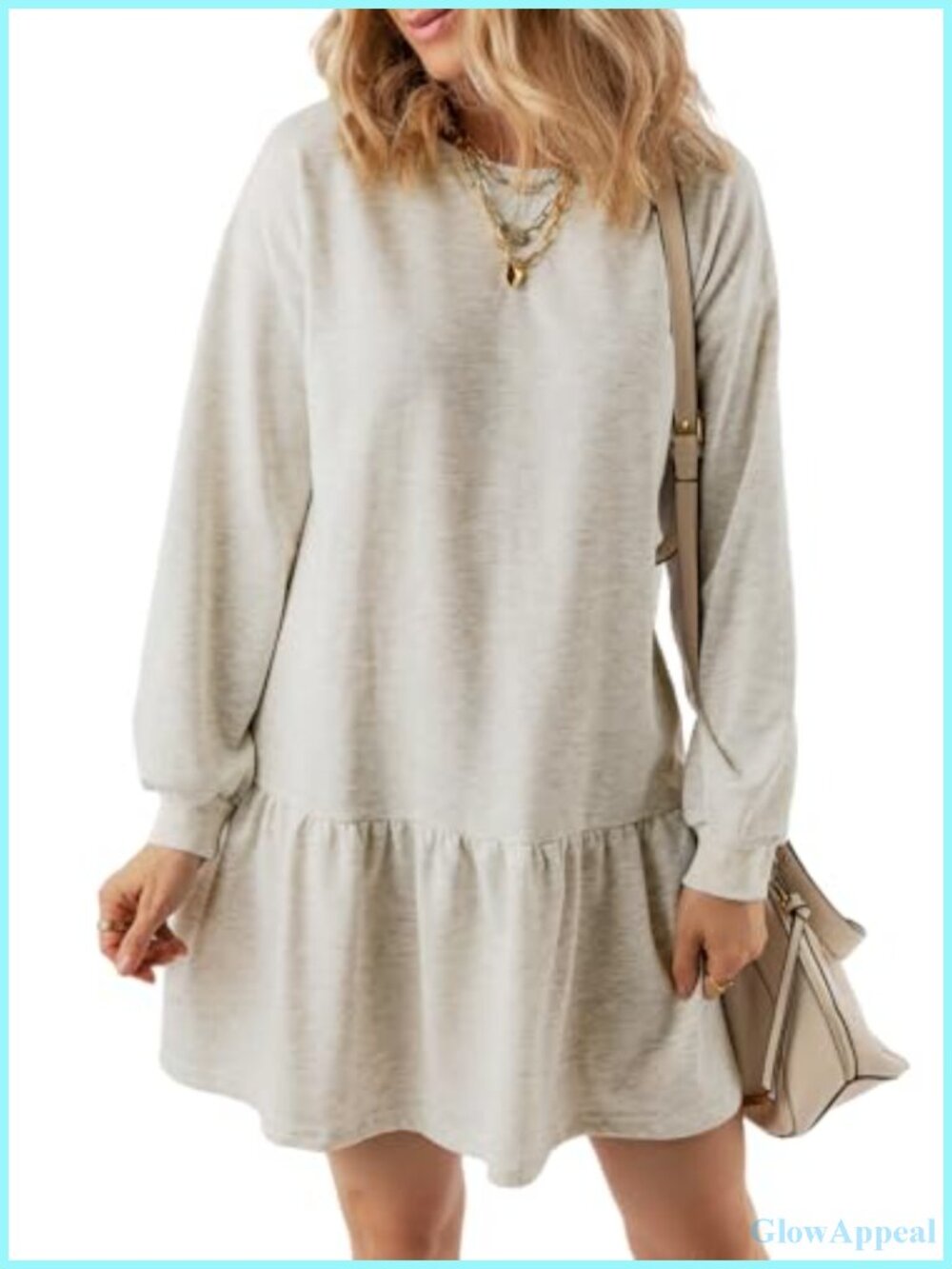 Ribbed Knit A-Line Mini Dress Ruffle Hem Long Sleeve Pullover